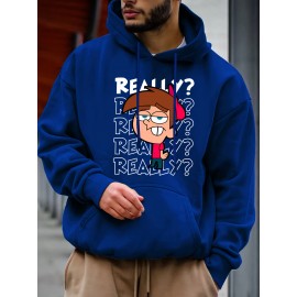[Cozy Cartoon Hoodie] Cozy Comfort Cartoon Print Men's Hoodie | Long Sleeve Pullover with Fun Animated Character Design, Light Gray, Perfect for Fall and Winter