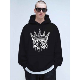 Men'S Casual King Crown Print Hoodie, 100% Polyester Long Sleeve Sweatshirt, Winter Knit Fabric with Slight Stretch, Regular Fit Hooded Top, 200g/m² - Trendy American Style Clothing Gift