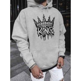 Men'S Casual King Crown Print Hoodie, 100% Polyester Long Sleeve Sweatshirt, Winter Knit Fabric with Slight Stretch, Regular Fit Hooded Top, 200g/m² - Trendy American Style Clothing Gift