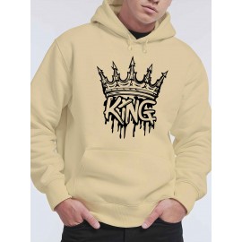 Men'S Casual King Crown Print Hoodie, 100% Polyester Long Sleeve Sweatshirt, Winter Knit Fabric with Slight Stretch, Regular Fit Hooded Top, 200g/m² - Trendy American Style Clothing Gift