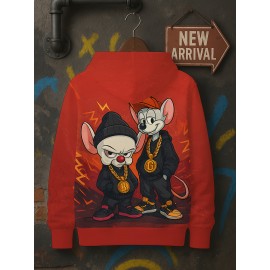 Men's Retro Hip-Hop Hoodie - Red with Cute mice, Drawstring Hood & Front Pocket - Urban Streetwear Sweatshirt for Concerts, Festivals - Machine Washable Gift for Men, Casual Wear, Cartoon Print, Comfortable Fabric, Fashion Enthusiasts