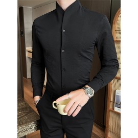 Premium Zhongshan Shirt for Men, Long Sleeve New Spring/Autumn Collection Chinese Style Stand Collar Casual Handsome Dress