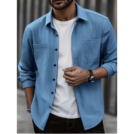 [Men's Corduroy Shirt Jacket] Bohemian Corduroy Shirt Jacket - Men's Solid Color Relaxed Fit Long Sleeve with Chest Pockets, Classic Collar & All-Season Versatile Style for Casual & Formal Wear, Durable Fabric