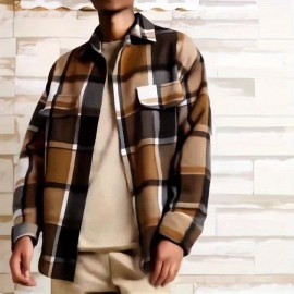 Men'S Casual Plaid Button-Up Shirt - Long Sleeve, Beige & Brown Check Pattern, Loose Fit, Lightweight Polyester Fabric, Perfect for Casual Attire