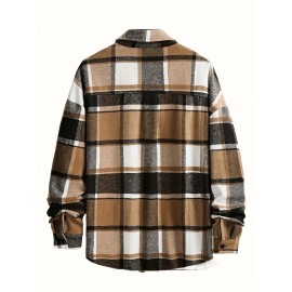 Men'S Casual Plaid Button-Up Shirt - Long Sleeve, Beige & Brown Check Pattern, Loose Fit, Lightweight Polyester Fabric, Perfect for Casual Attire