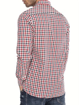 [Red Checkered Dress Shirt] Classic Red & White Checkered Men's Dress Shirt - Long Sleeve Point Collar Button-Up | Machine Washable Regular Fit for All-Season Formal & Casual Wear (CS7067)