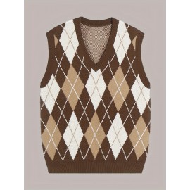 Men's Stylish Preppy Style Knit Vest, Sleeveless Sweater Vest, Casual Plaid Waistcoat