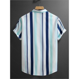 Men's & White Striped Short Sleeve Dress Shirt - Breathable Summer Collar Button-Front Blouse, Mint-Green Tones Vertical Stripes, Casual & Formal Wear (/White/Beige/Navy) - Traditional & Modern Style, Chinese Size, Please Check The Size Guide Carefully