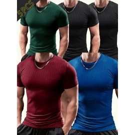 5pcs Men'S Short Sleeve Ribbed Knit T-Shirts - Breathable & Comfortable, Casual Solid Color Crew Neck Tees for Spring/Summer, Lightweight Polyester Blend, Perfect for Casual Attire, Spring Summer Apparel | Casual Style | Comfortable Fit