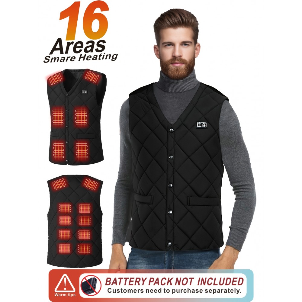Men'S Autumn/Winter Warm Vest - 16 Zone Dual Control Temperature, 3-Speed Adjustable V-Neck Jacket with Pockets, Polyester for Outdoor & Casual Wear, Warm Vest