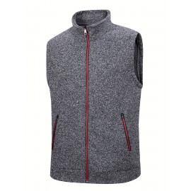 Men'S Cozy Fleece-Lined Sleeveless Vest - Maroon Zip-Up with Pockets, Retro Casual Style, Warm & Comfortable for Fall/Winter, Versatile Outdoor & Sporty Wear, Winter Vest, Sporty Vest, Minimalist Design, Soft Texture