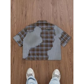 Men'S Casual Plaid Patchwork Short - Brown & White Checkered Pattern, Loose Fit Streetwear Style, Non-Stretch Fabric, Perfect for Camping & Casual Attire, Camping Apparel | Checkered Pattern Shirt | Nonstretch Fabric, Compression Shirt for Men, Gym