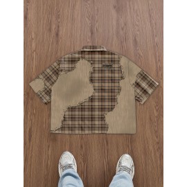 Men'S Casual Plaid Patchwork Short - Brown & White Checkered Pattern, Loose Fit Streetwear Style, Non-Stretch Fabric, Perfect for Camping & Casual Attire, Camping Apparel | Checkered Pattern Shirt | Nonstretch Fabric, Compression Shirt for Men, Gym