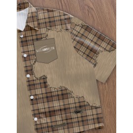 Men'S Casual Plaid Patchwork Short - Brown & White Checkered Pattern, Loose Fit Streetwear Style, Non-Stretch Fabric, Perfect for Camping & Casual Attire, Camping Apparel | Checkered Pattern Shirt | Nonstretch Fabric, Compression Shirt for Men, Gym