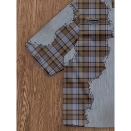 Men'S Casual Plaid Patchwork Short - Brown & White Checkered Pattern, Loose Fit Streetwear Style, Non-Stretch Fabric, Perfect for Camping & Casual Attire, Camping Apparel | Checkered Pattern Shirt | Nonstretch Fabric, Compression Shirt for Men, Gym