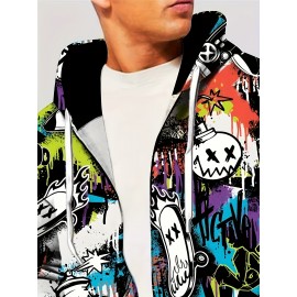 [1pc Men'S Novelty Hooded Jacket] 1pc Men'S Novelty Hooded Jacket, Casual Geometric Pattern Knit Polyester Fiber, Regular Fit Spring/Autumn Outerwear with Zip Closure