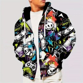 [1pc Men'S Novelty Hooded Jacket] 1pc Men'S Novelty Hooded Jacket, Casual Geometric Pattern Knit Polyester Fiber, Regular Fit Spring/Autumn Outerwear with Zip Closure
