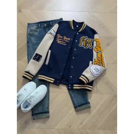 Men'S Navy Blue & White Patchwork Baseball Jacket - NY Logo & Letter Print, Snap Closure, Long Sleeve, Regular Fit with Pockets for Casual Streetwear, Baseball Jacket, Durable Fabric