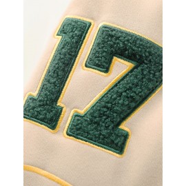 Men's Baseball Jacket with Athletic Dept. Embroidered Logo & Number 17 - Royal Blue & Beige Contrast Design, Baseball Collar, Machine Washable Casual Streetwear Jacket for Casual Attire