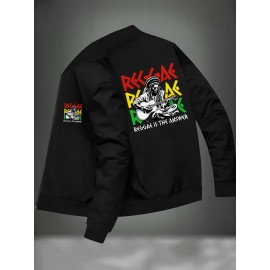 Polyester Knit Graphic Print Bomber Jacket - Men's Casual Reggae Stand Collar Zipper Closure - Fall/Winter Skinny Fit with Pocket Detail
