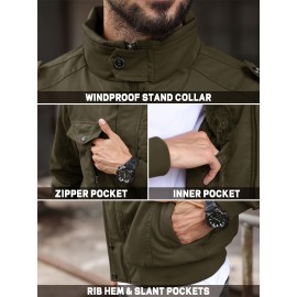 Men's Winter Fleece-Lined Cargo Jacket - Windproof Stand Collar Zipper Jacket with Ribbed Cuffs, Multi-Pockets & Soft Shell for Fall Winter Daily Wear, Outdoor Hiking Camping