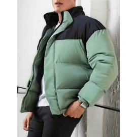 [Men's Winter Jacket] Polyester-Filled Men's Winter Jacket - Black & Casual Outdoor Warm Coat with Stand Collar, Regular Fit for Cold Weather, No Stretch Fabric