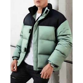 [Men's Winter Jacket] Polyester-Filled Men's Winter Jacket - Black & Casual Outdoor Warm Coat with Stand Collar, Regular Fit for Cold Weather, No Stretch Fabric