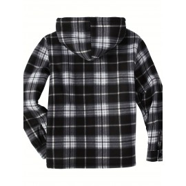 Men's Sherpa-Lined Full-Zip Hooded Jacket - Plaid Flannel Winter Coat with Turquoise/Black/White/Gray Plaid, Machine Washable, Full-Zip Front & Pockets - Casual Outdoor & Everyday Cold Weather Outerwear (Regular Fit)