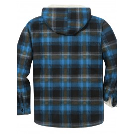 Men's Sherpa-Lined Full-Zip Hooded Jacket - Plaid Flannel Winter Coat with Turquoise/Black/White/Gray Plaid, Machine Washable, Full-Zip Front & Pockets - Casual Outdoor & Everyday Cold Weather Outerwear (Regular Fit)