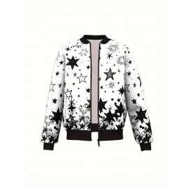 Men's Sporty Starry Sky Print Jacket - Polyester, Zip-Up Baseball Collar with Pockets, Machine Washable - Perfect for Spring/Fall