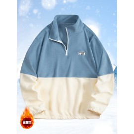 Men'S Casual Geometric Color Block Fleece Sweatshirt Jacket, Polyester Knit Fabric, Regular Fit, with High Neck and Medium Stretch, for All-Season Pullover