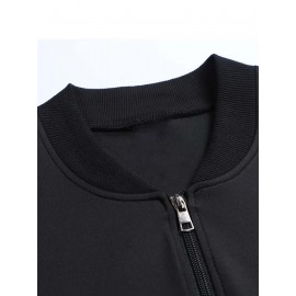 Men's African Tribal Art Print Slim-Fit Bomber Jacket - Black Zip-Up Stand Collar Streetwear Coat with Pockets, Machine Washable Polyester for Autumn/Winter Casual Wear, Sleek Knit Texture