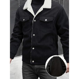 Men's Sherpa Lined Corduroy Jacket with Fleece Collar - 2024 Autumn Winter Casual Warm Thickened Polyester Button-Up Coat