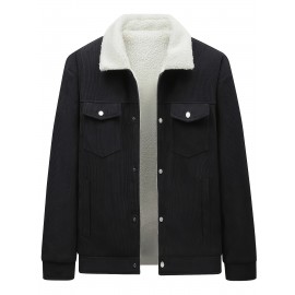 Men's Sherpa Lined Corduroy Jacket with Fleece Collar - 2024 Autumn Winter Casual Warm Thickened Polyester Button-Up Coat
