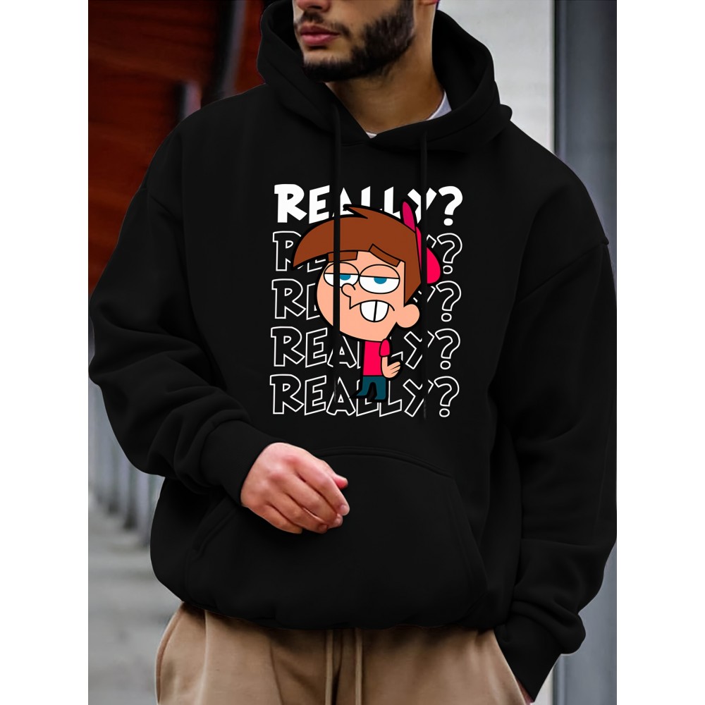 [Cozy Cartoon Hoodie] Cozy Comfort Cartoon Print Men's Hoodie | Long Sleeve Pullover with Fun Animated Character Design, Light Gray, Perfect for Fall and Winter
