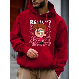 [Cozy Cartoon Hoodie] Cozy Comfort Cartoon Print Men's Hoodie | Long Sleeve Pullover with Fun Animated Character Design, Light Gray, Perfect for Fall and Winter