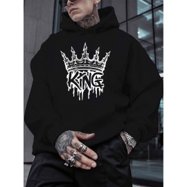 Men'S Casual King Crown Print Hoodie, 100% Polyester Long Sleeve Sweatshirt, Winter Knit Fabric with Slight Stretch, Regular Fit Hooded Top, 200g/m² - Trendy American Style Clothing Gift