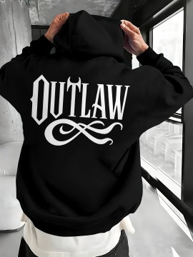 Men's OUTLAW Graphic Hooded Sweatshirt - Black with White Bold Lettering, Heavyweight 300gsm Pullover Hoodie, Casual Winter Warmth, Machine Washable, Streetwear & Outdoor Wear with Chest Pocket & Adjustable Hood