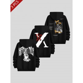 3pcs Men's Casual Fashion Brand Print Hoodie, Long Sleeve Pullover Sweatshirt Set