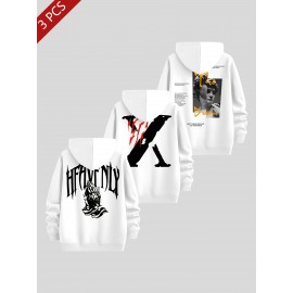 3pcs Men's Casual Fashion Brand Print Hoodie, Long Sleeve Pullover Sweatshirt Set