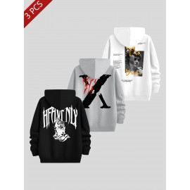3pcs Men's Casual Fashion Brand Print Hoodie, Long Sleeve Pullover Sweatshirt Set