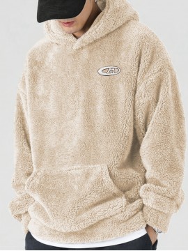 [Cozy Fleece Hoodie] Soft, Warm Men's Cozy Fleece Hoodie with Kangaroo Pocket | Beige Pullover for Fall/Winter, Casual Long Sleeve Sweatshirt with Elastic Cuffs | Plush Texture, Perfect for Outdoor or Indoor Wear, Winter Apparel