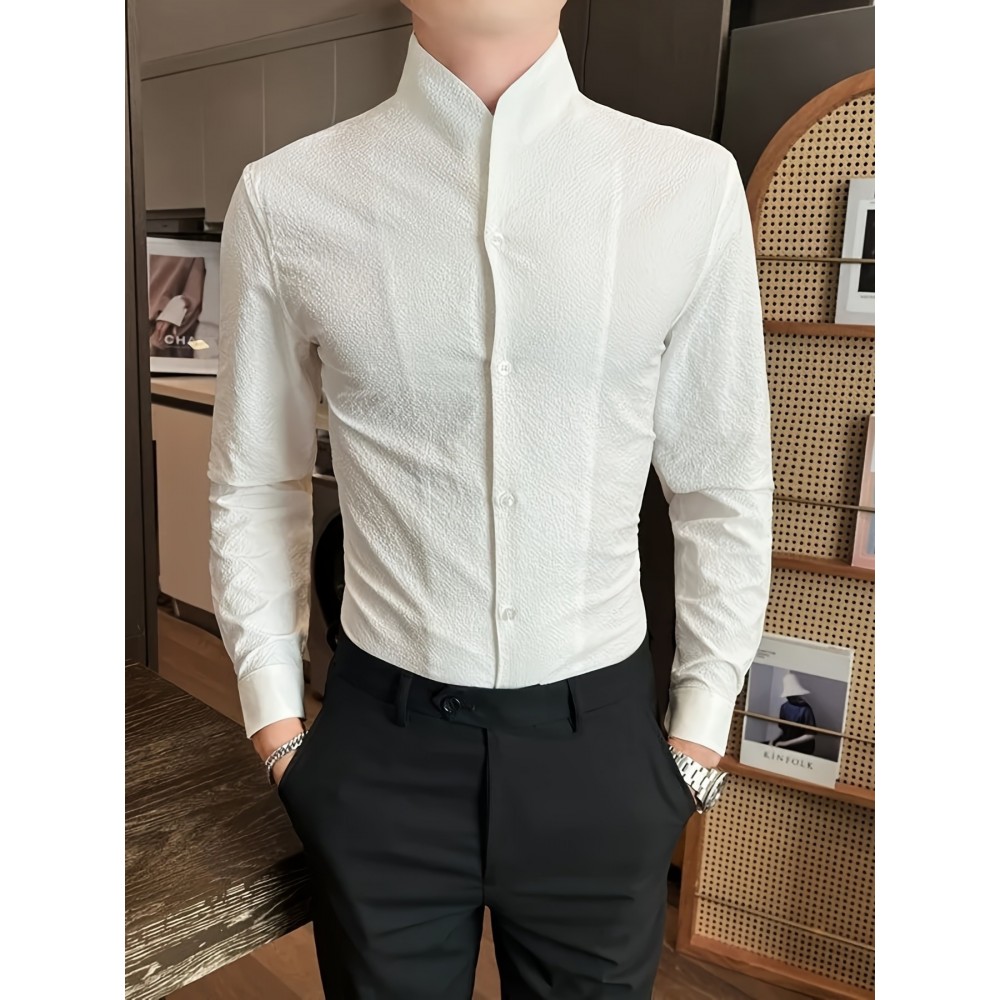 Premium Zhongshan Shirt for Men, Long Sleeve New Spring/Autumn Collection Chinese Style Stand Collar Casual Handsome Dress