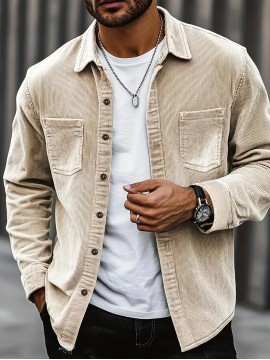 [Men's Corduroy Shirt Jacket] Bohemian Corduroy Shirt Jacket - Men's Solid Color Relaxed Fit Long Sleeve with Chest Pockets, Classic Collar & All-Season Versatile Style for Casual & Formal Wear, Durable Fabric
