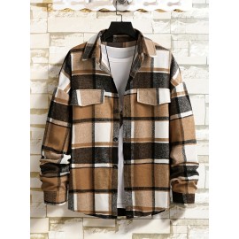 Men'S Casual Plaid Button-Up Shirt - Long Sleeve, Beige & Brown Check Pattern, Loose Fit, Lightweight Polyester Fabric, Perfect for Casual Attire