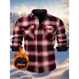 Autumn and Winter Thickened Fleece-Lined Men's Classic Outdoor Casual Home Office Wrinkle-Resistant Plaid Shirt with Multiple Pockets
