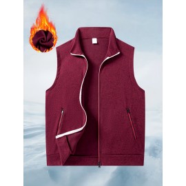 Men'S Cozy Fleece-Lined Sleeveless Vest - Maroon Zip-Up with Pockets, Retro Casual Style, Warm & Comfortable for Fall/Winter, Versatile Outdoor & Sporty Wear, Winter Vest, Sporty Vest, Minimalist Design, Soft Texture