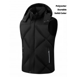 Men'S Classic Warm Padded Sleeveless Vest with Stand Collar - Quilted Waistcoat Jacket, Zipper Closure, Polyester, Solid Color, Regular Fit for Fall/Winter Casual & Sports Wear, Winter Jacket, Quilted Design, Durable Construction