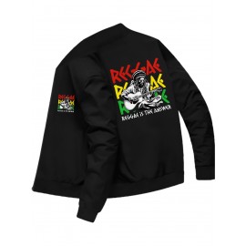 Polyester Knit Graphic Print Bomber Jacket - Men's Casual Reggae Stand Collar Zipper Closure - Fall/Winter Skinny Fit with Pocket Detail